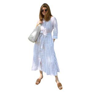 Hobbs London Ciara Belted Shirt Dress 100% Linen Coastal Grandma Ivory Blue - 10